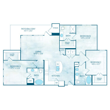 Rendering of the C1 floor plan with 3 bedroom[s] and 3 bathroom[s] at Reflection
