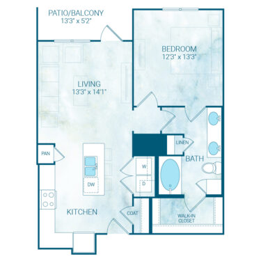 Rendering of the A6 floor plan with 1 bedroom[s] and 1 bathroom[s] at Reflection