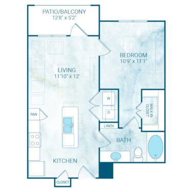 Rendering of the A1 floor plan with 1 bedroom[s] and 1 bathroom[s] at Reflection