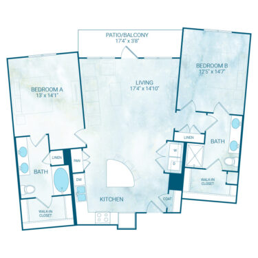 Rendering of the B5 floor plan with 2 bedroom[s] and 2 bathroom[s] at Reflection