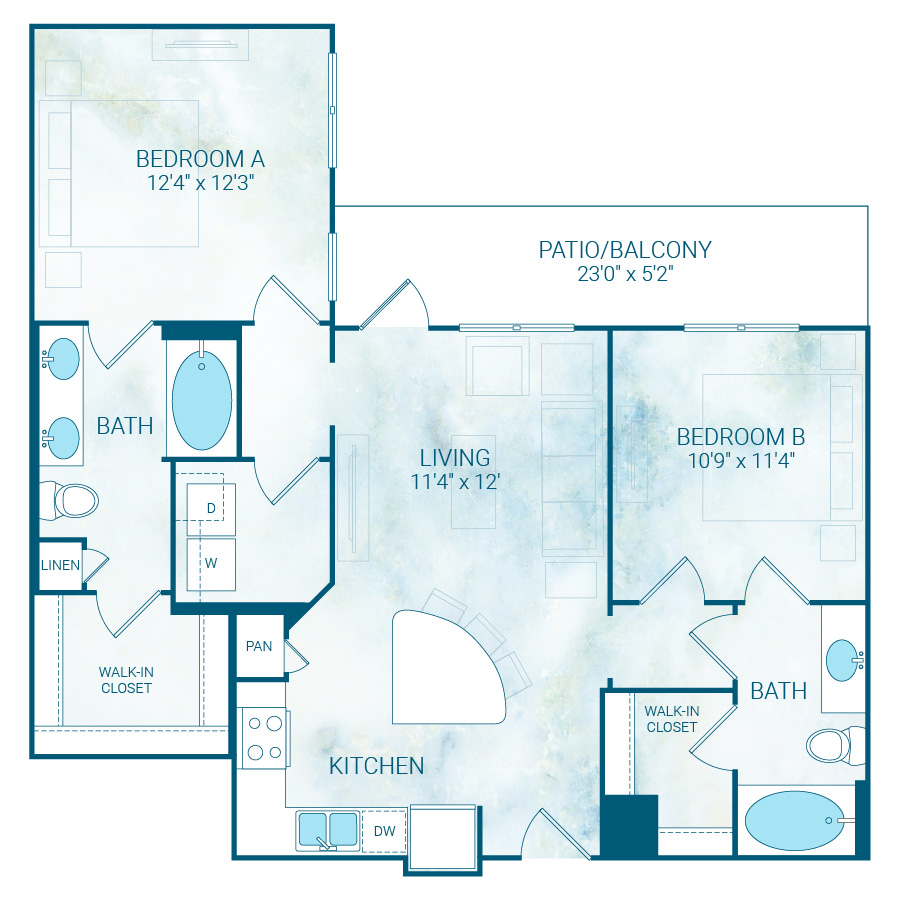 Rendering of the B2 floor plan with 2 bedroom[s] and 2 bathroom[s] at Reflection