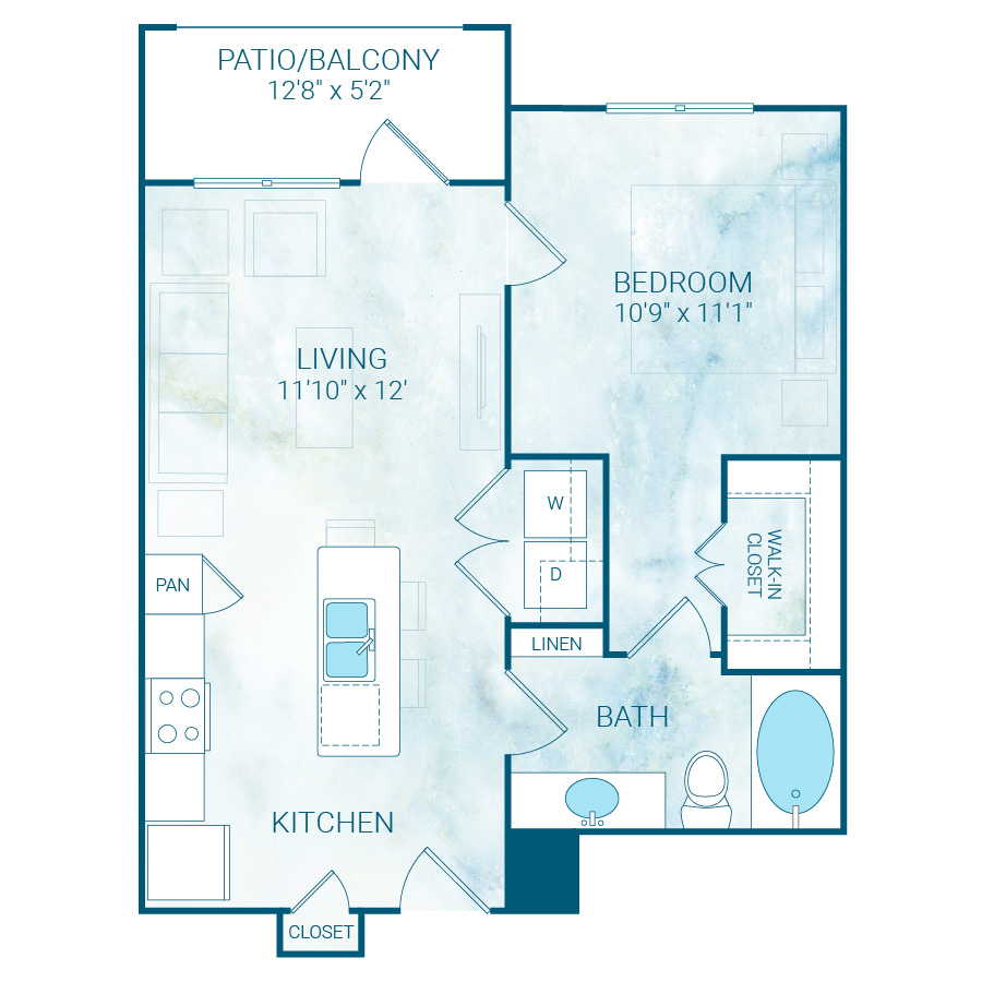 Rendering of the A1 floor plan with 1 bedroom[s] and 1 bathroom[s] at Reflection