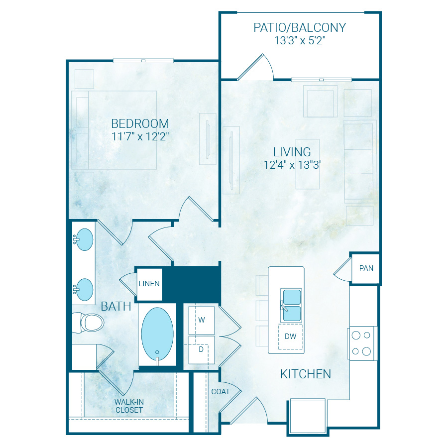 Rendering of the A8 floor plan with 1 bedroom[s] and 1 bathroom[s] at Reflection