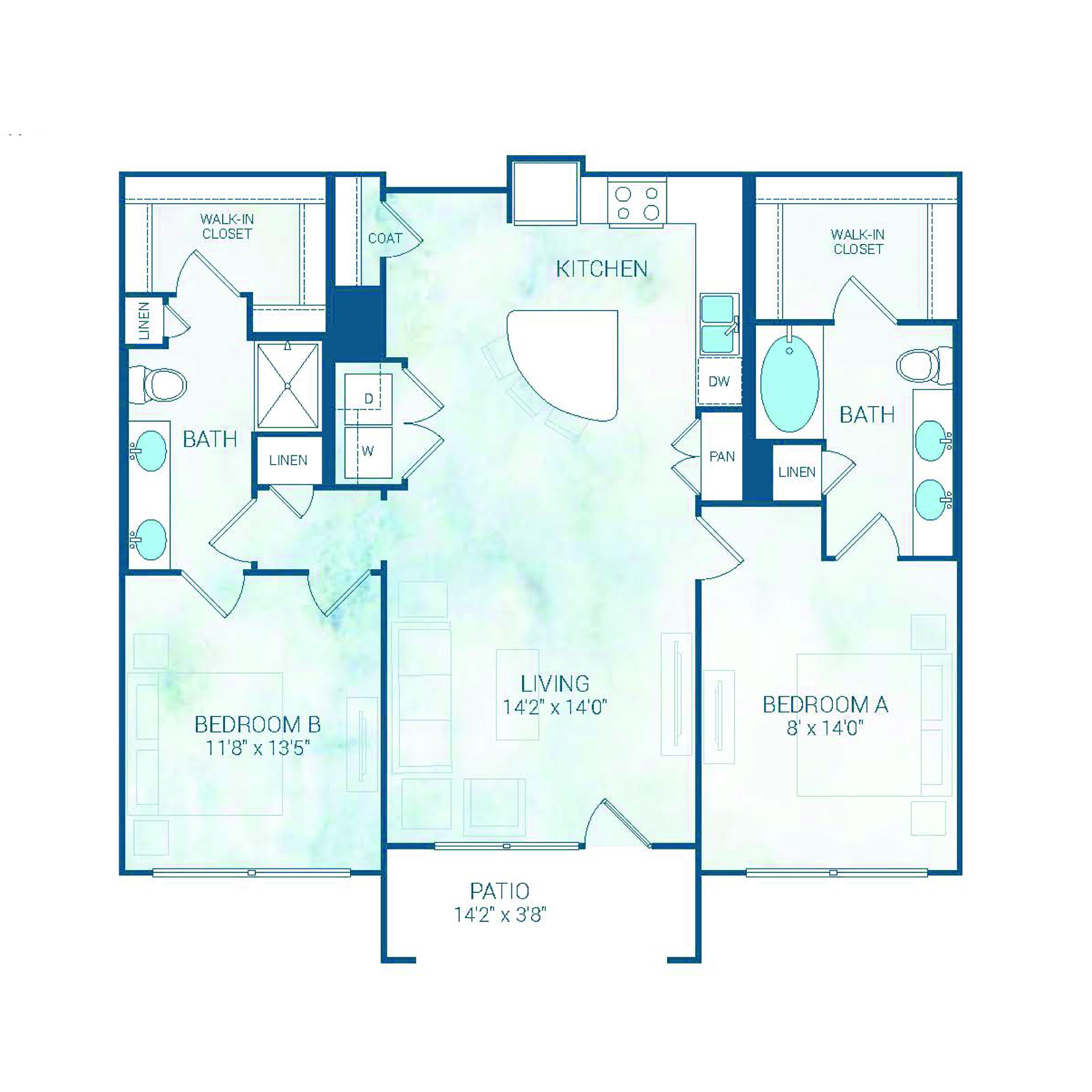 Rendering of the B4 FLEX floor plan with 2 bedroom[s] and 2 bathroom[s] at Reflection