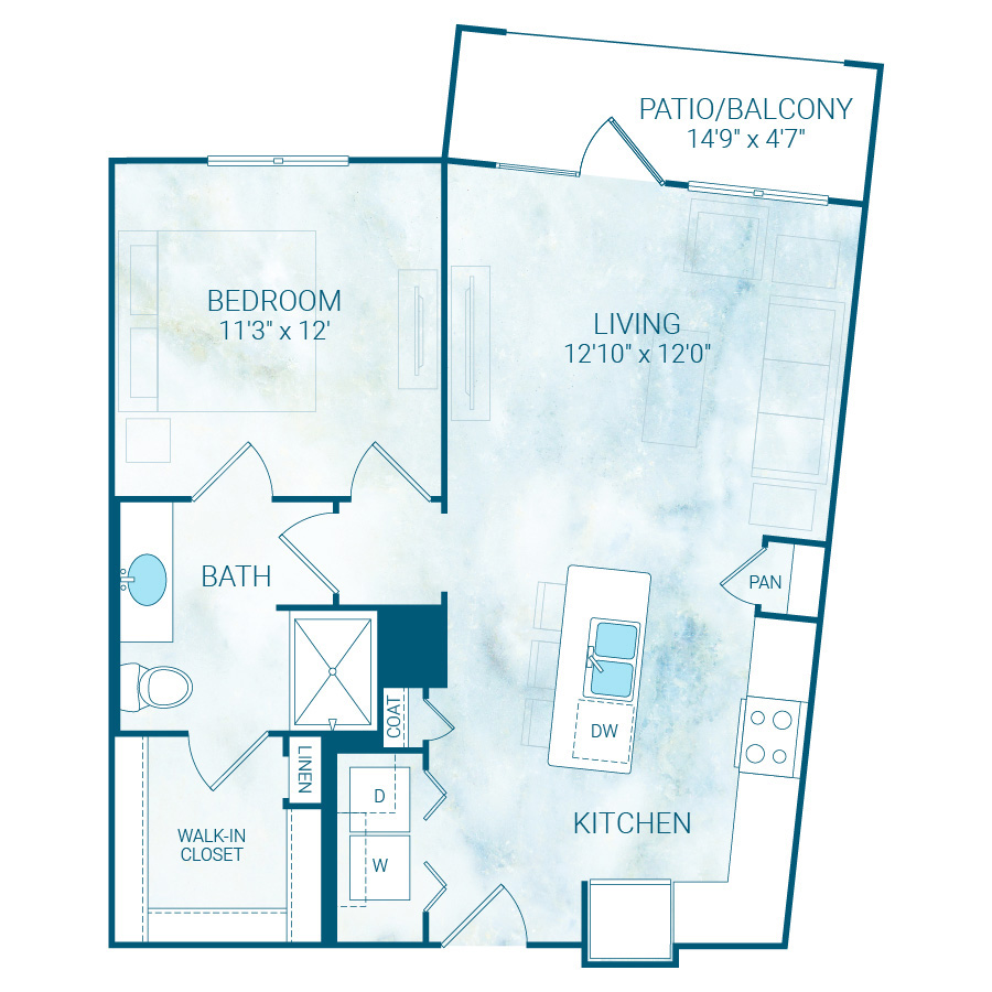 Rendering of the AA11S floor plan with 1 bedroom[s] and 1 bathroom[s] at Reflection