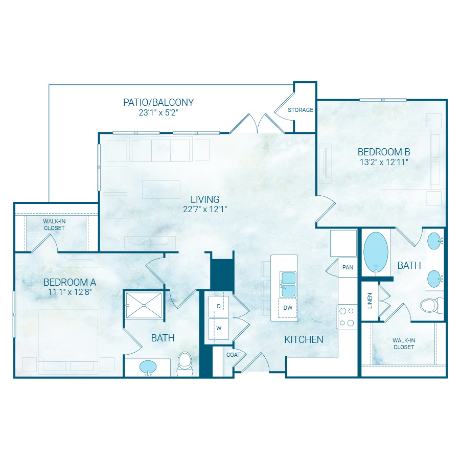 Rendering of the B1 floor plan with 2 bedroom[s] and 2 bathroom[s] at Reflection