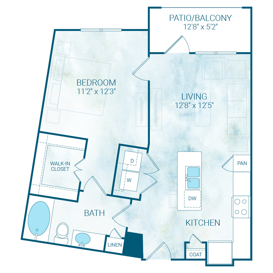 Rendering of the A3 floor plan with 1 bedroom[s] and 1 bathroom[s] at Reflection