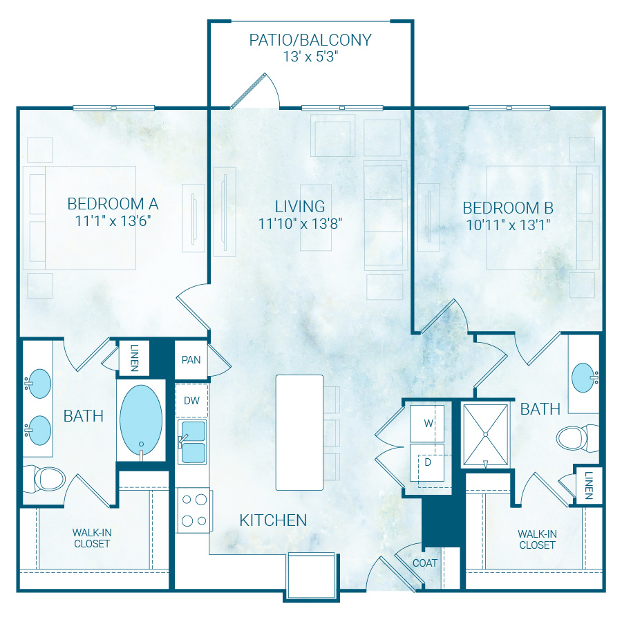 Rendering of the B3 floor plan with 2 bedroom[s] and 2 bathroom[s] at Reflection