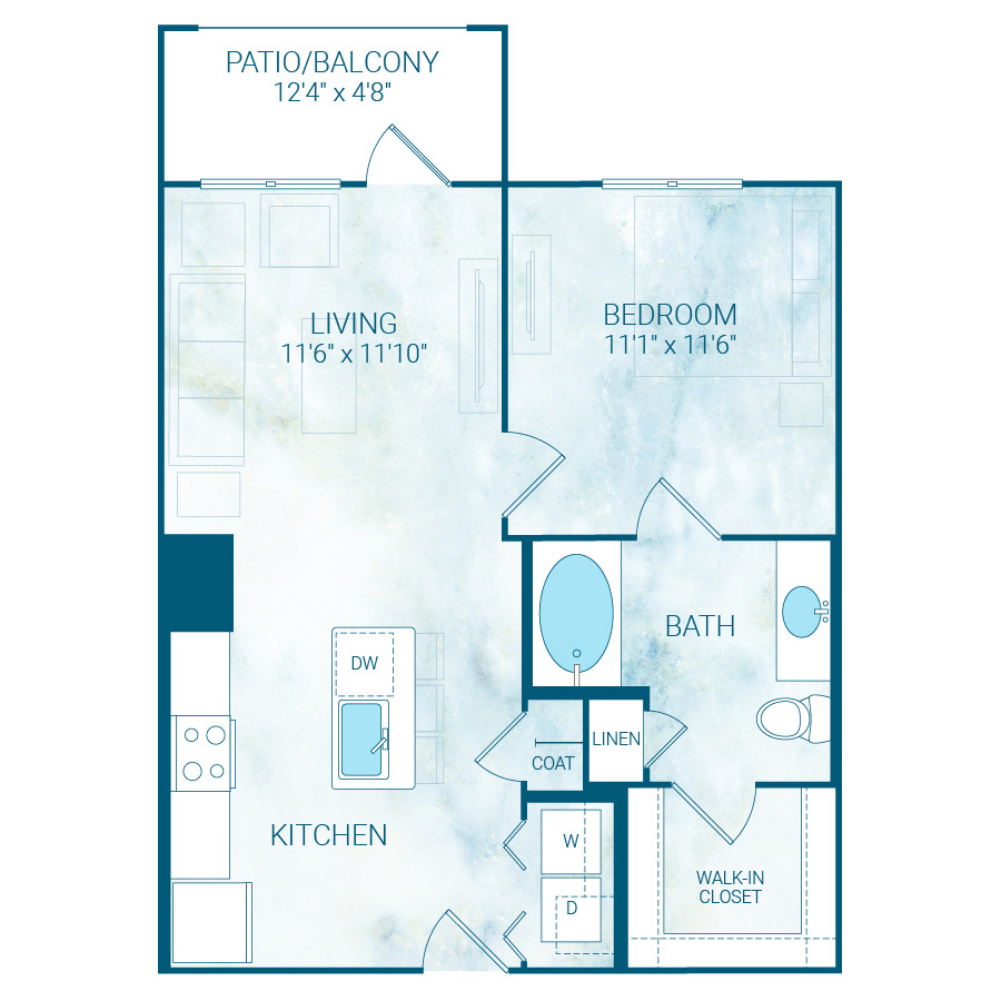 Rendering of the A7 ALT floor plan with 1 bedroom[s] and 1 bathroom[s] at Reflection