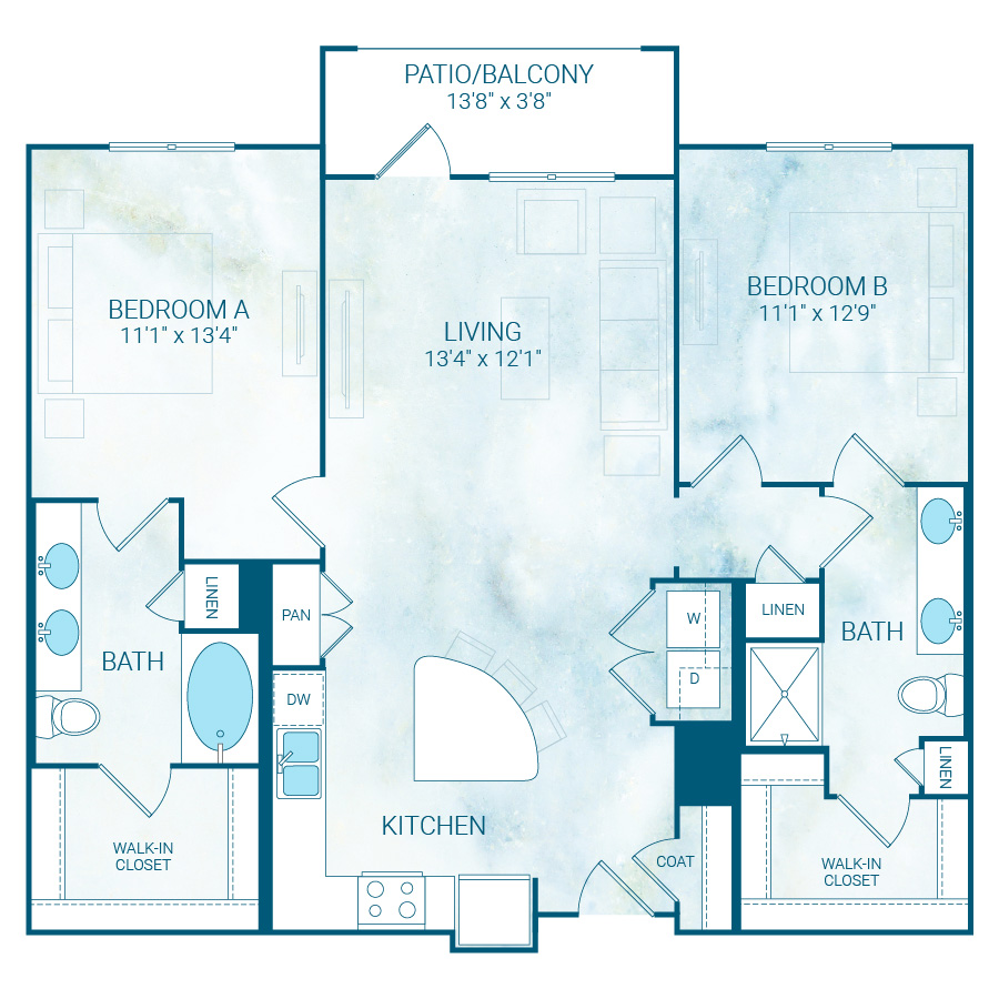 Rendering of the B4 floor plan with 2 bedroom[s] and 2 bathroom[s] at Reflection
