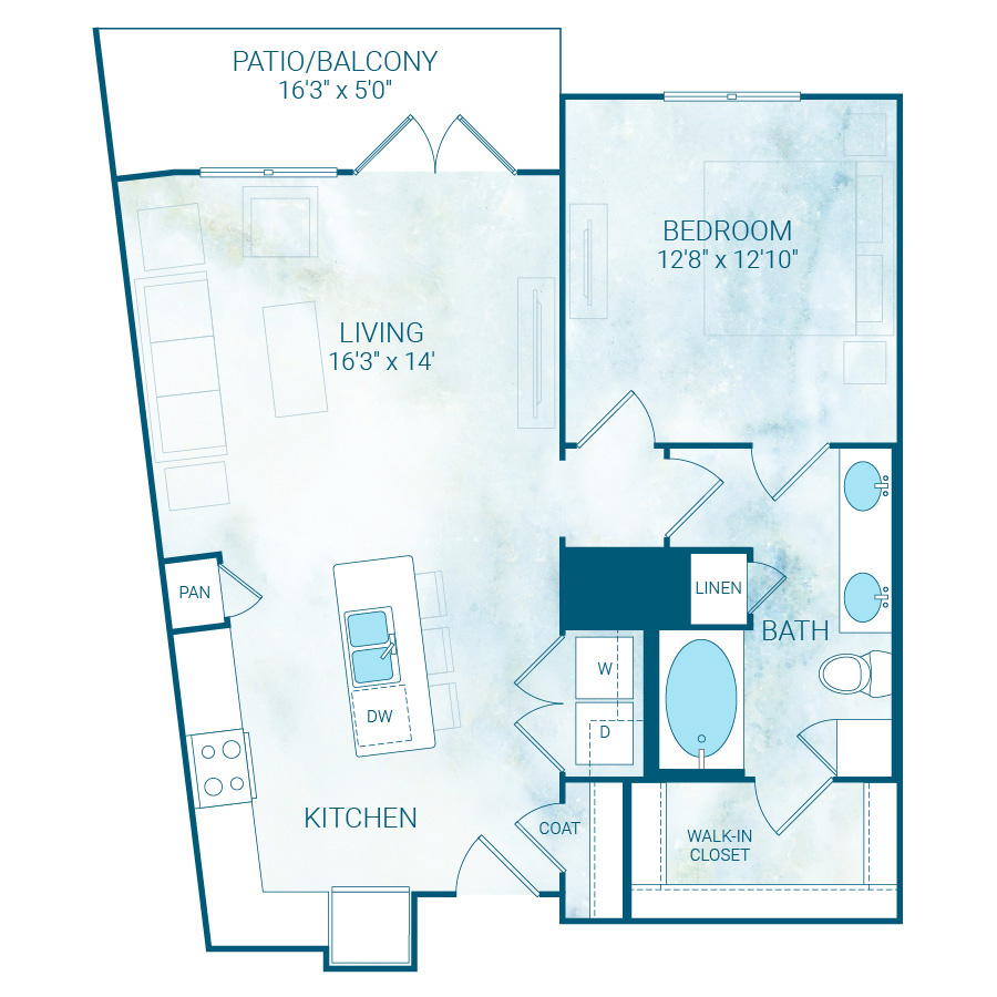 Rendering of the AA12 floor plan with 1 bedroom[s] and 1 bathroom[s] at Reflection