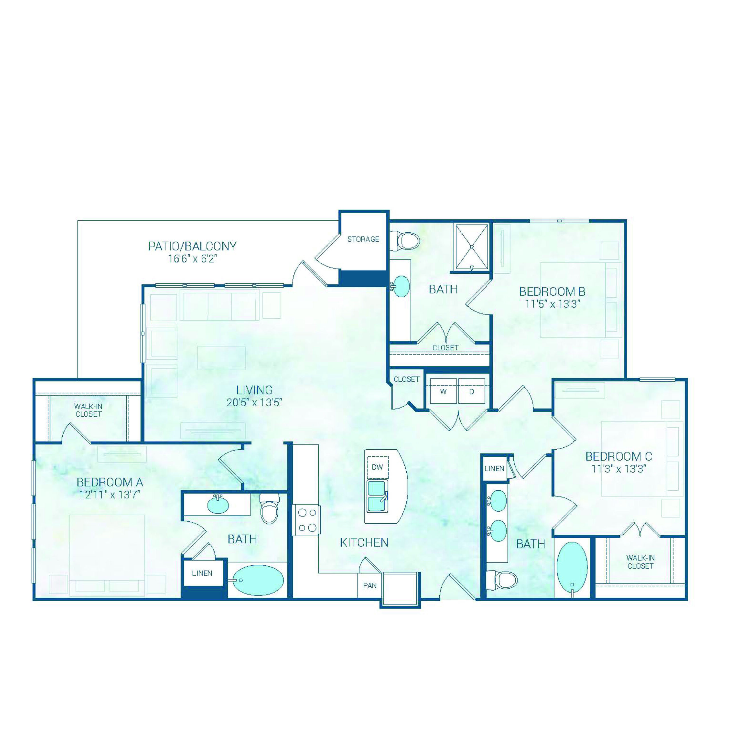 Rendering of the C1 ALT floor plan with 3 bedroom[s] and 3 bathroom[s] at Reflection