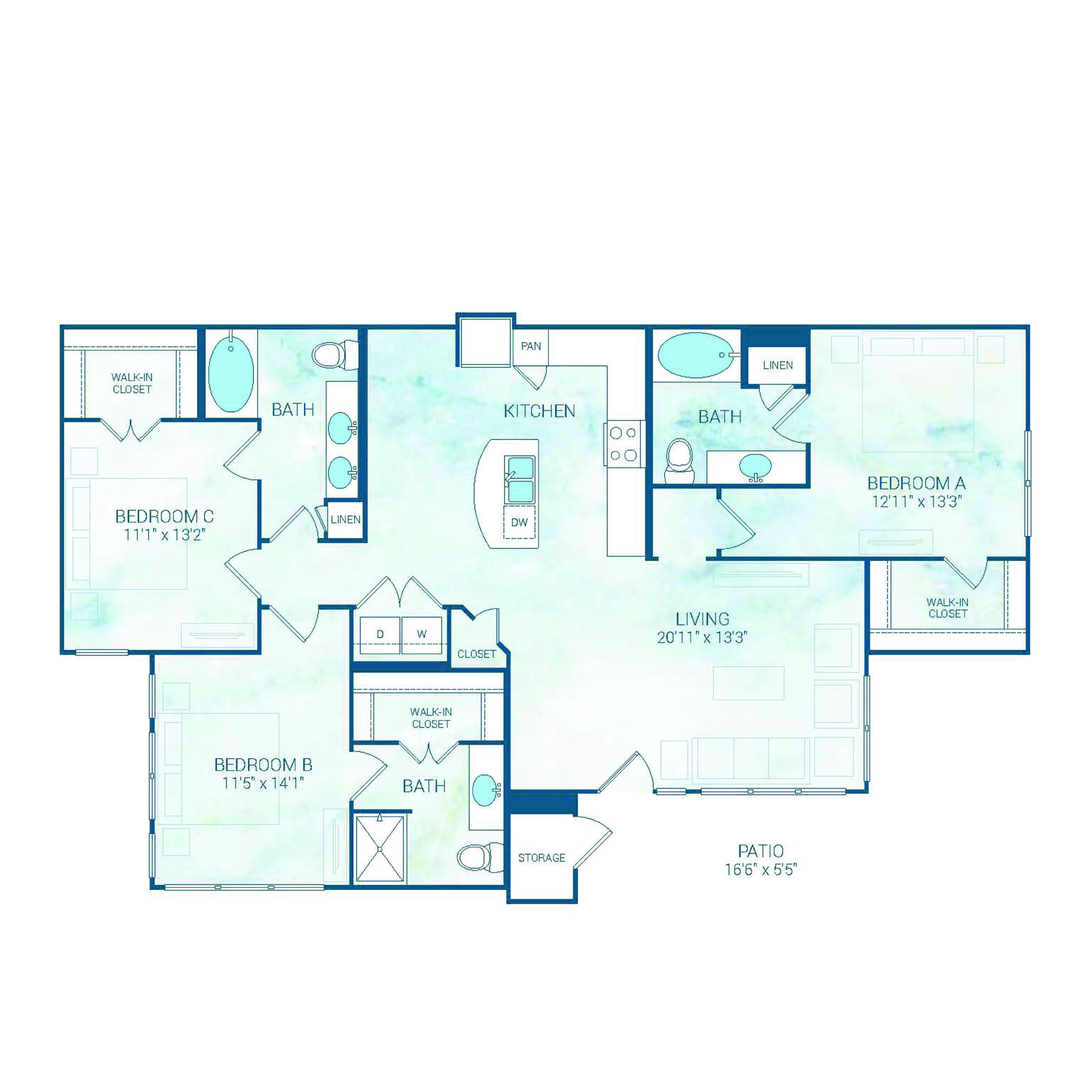 Rendering of the C1 FLEX floor plan with 3 bedroom[s] and 3 bathroom[s] at Reflection